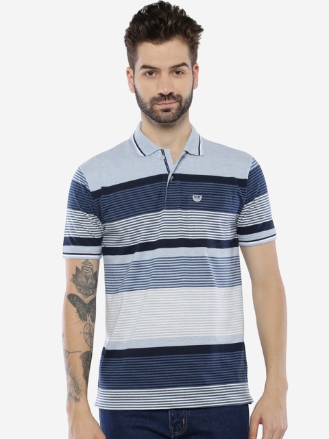 

Duke Men Blue & White Striped Polo Collar T-shirt