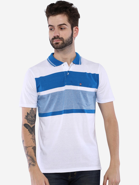 

Duke Men White & Blue Striped Polo Collar T-shirt