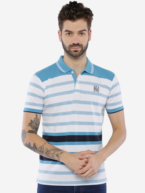 

Duke Men White & Blue Striped Polo Collar T-shirt