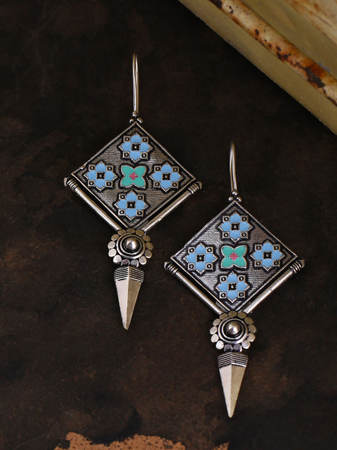 

Studio Voylla Silver-Toned & Turquoise Blue Contemporary Drop Earrings