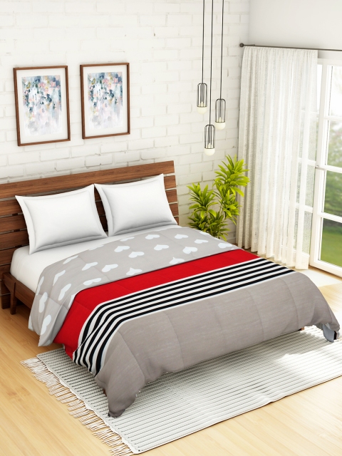 

WELHOME Grey & Red Striped AC Room 110 GSM Double Bed Quilt