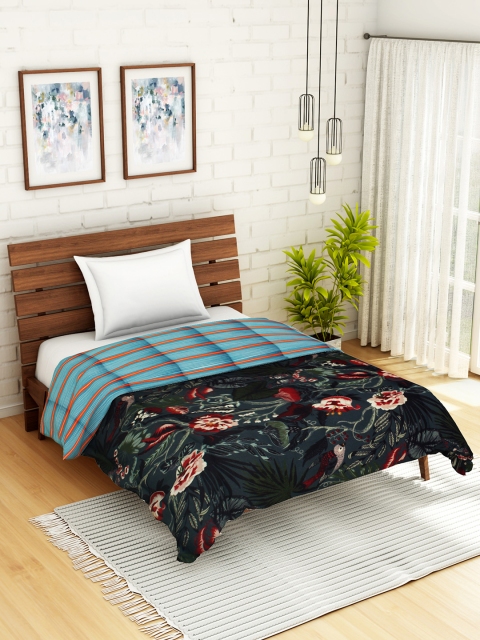 

WELHOME Black & Blue Floral AC Room 110 GSM Single Bed Quilt