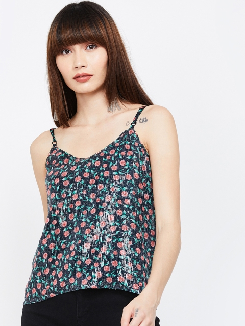 

Ginger by Lifestyle Women Black And Blue Printed A-Line Pure Cotton Top