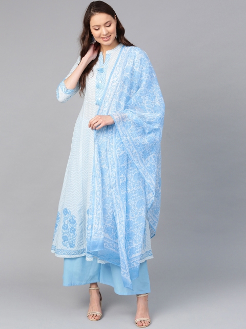 

Ishin Women White & Blue Block Printed Kurta with Palazzos & Dupatta