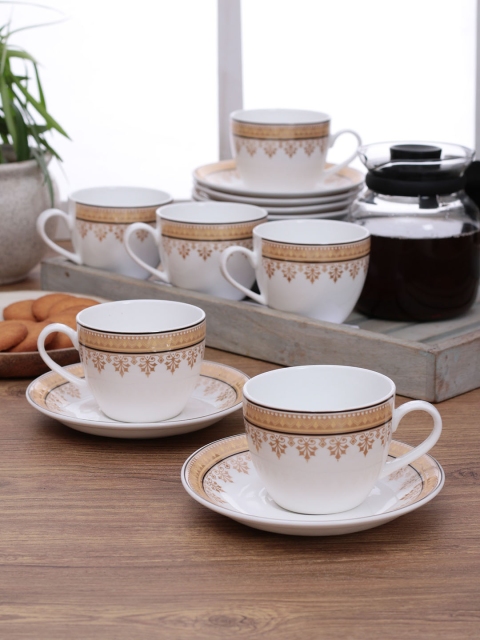 

CLAY CRAFT White & Brown Printed 12-Pieces Bone China Cups and Saucers Set