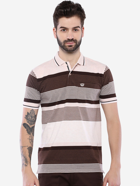 

Duke Men Pink & Brown Striped Polo Collar T-shirt