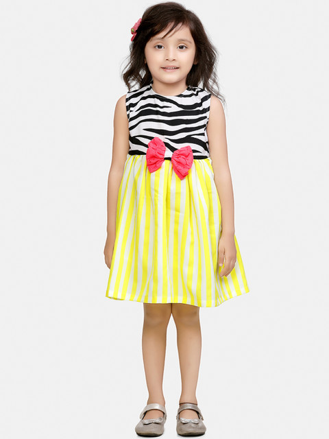 

LilPicks Girls Yellow & White Tiger Printed Fit and Flare Dress