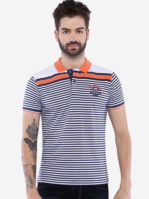 

Duke Men Navy Blue & White Striped Polo Collar T-shirt