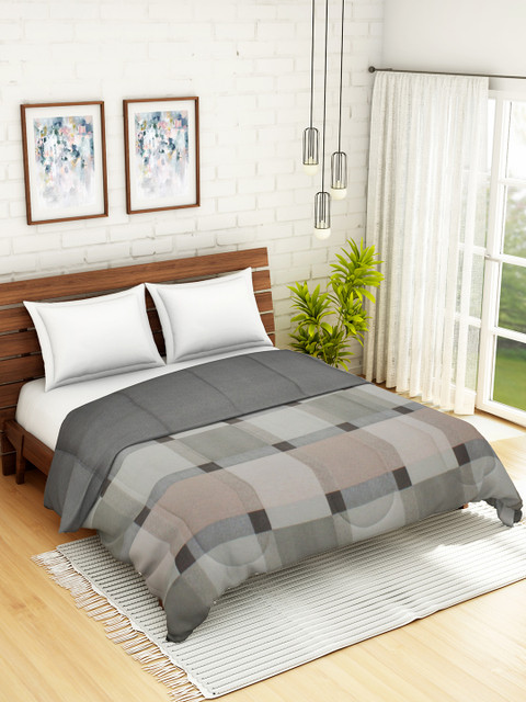 

WELHOME Grey & Peach-Coloured Checked AC Room 85 GSM Double Bed Quilt