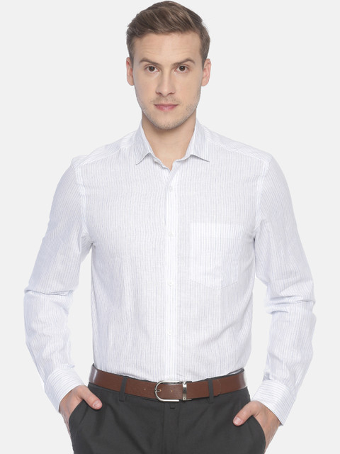 

CAVALLO by Linen Club Men Cotton Linen White & Blue Regular Fit Striped Formal Shirt