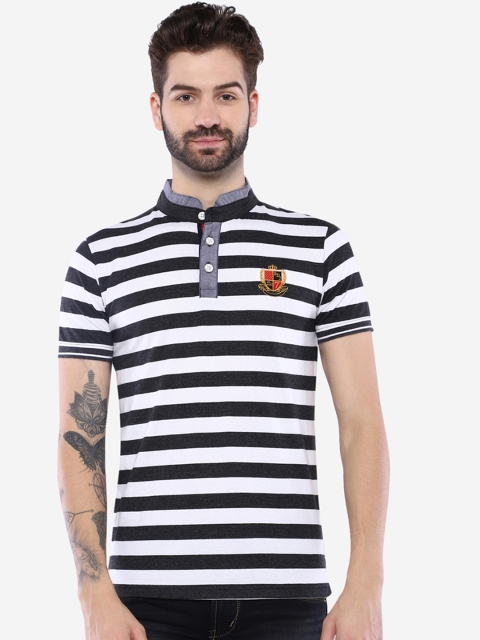 

Duke Men Black & White Striped Mandarin Collar T-shirt