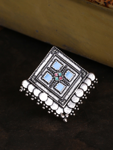 

Studio Voylla Oxidized Silver-Plated & Blue Enameled Statement Finger Ring