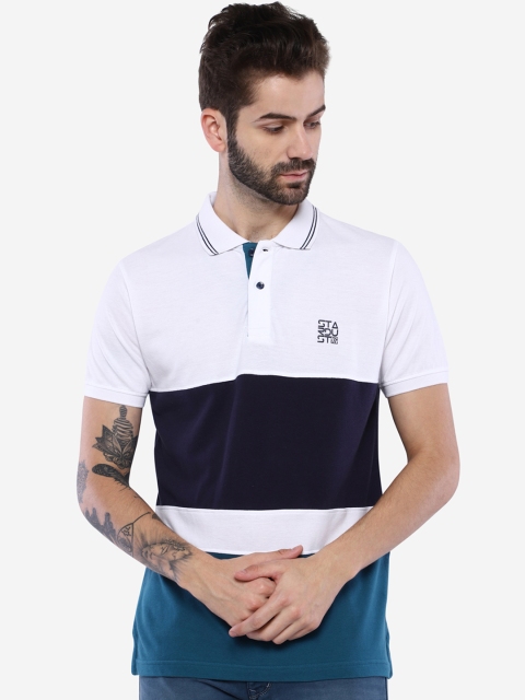 

Duke Men White & Navy Blue Colourblocked Polo Collar T-shirt