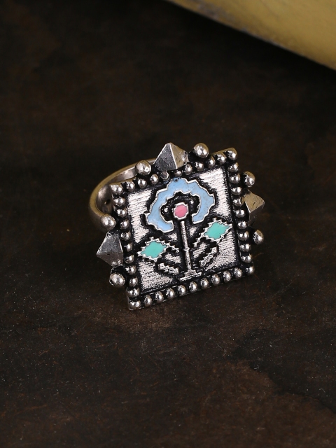 

Studio Voylla Oxidized Silver-Plated & Blue Enamelled Finger Ring