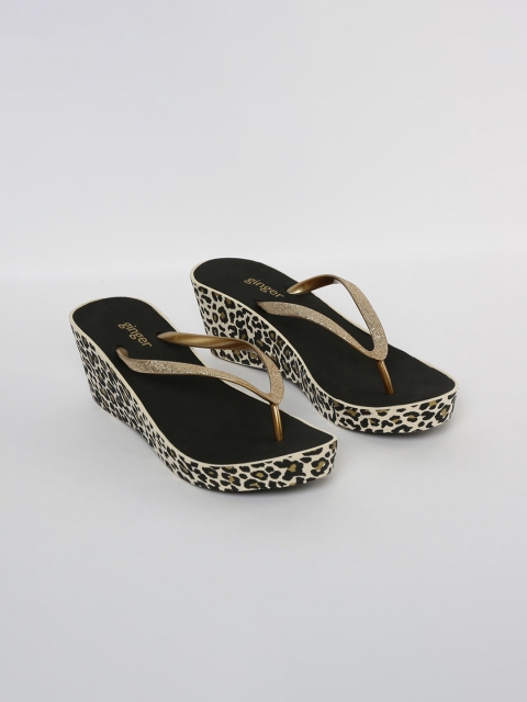 

Ginger by Lifestyle Women Black & Brown Leopard Print Heeled Thong Flip-Flops