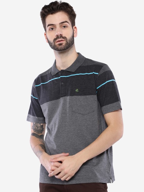 

Duke Men Grey Striped Polo Collar T-shirt