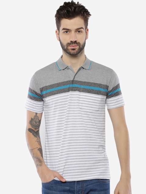 

Duke Men Grey & Off-White Striped Polo Collar T-shirt
