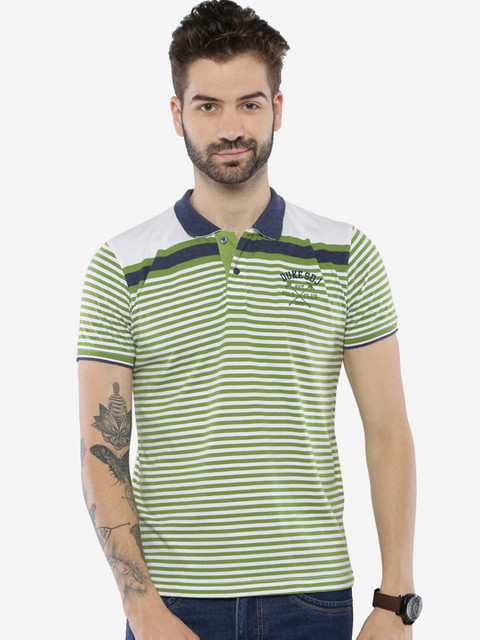 

Duke Men Green Striped Polo Collar T-shirt