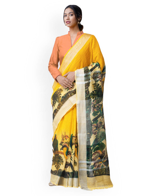 

Unnati Silks Yellow & Green Pure Linen Handloom Printed Sustainable Saree