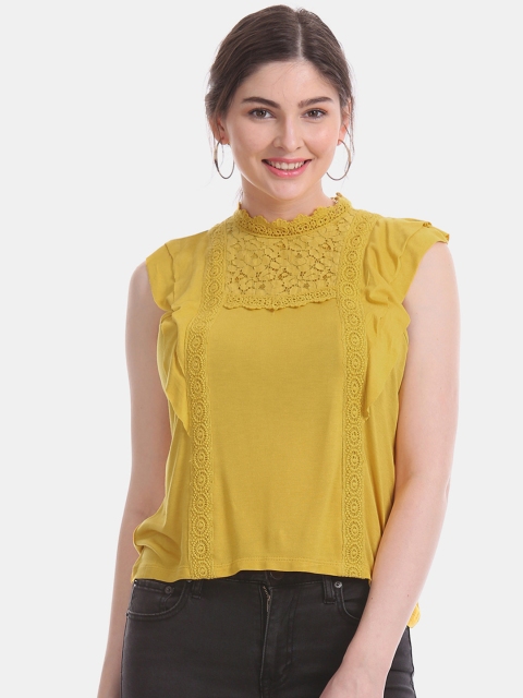 

Aeropostale Women Mustard Yellow Self Design RegularTop