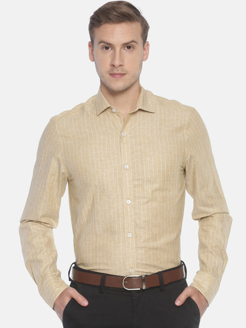 

CAVALLO by Linen Club Men Cotton Linen Beige & White Regular Fit Striped Formal Shirt
