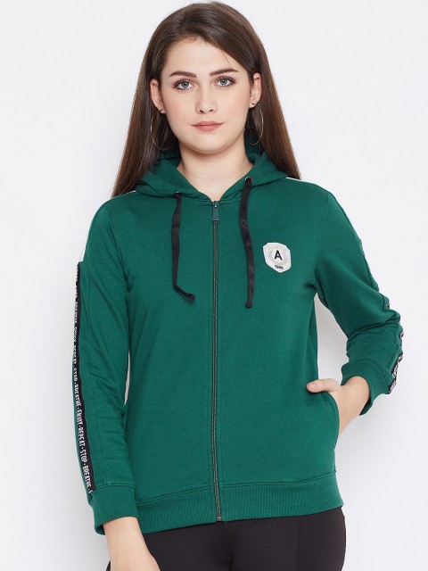 

Austin wood Women Green Solid Hooded Sweatshirt