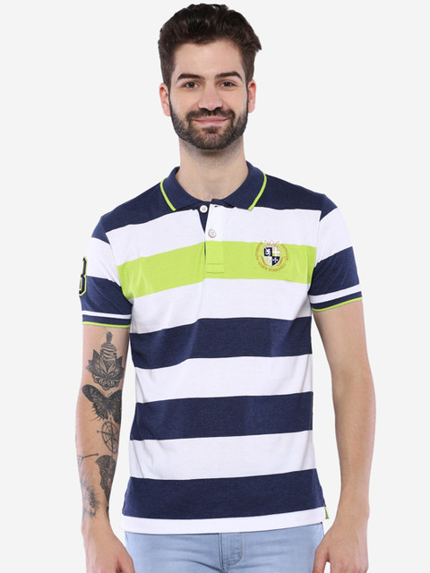 

Duke Men Blue & White Striped Polo Collar T-shirt