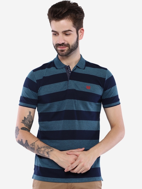 

Duke Men Navy Blue Striped Polo Collar T-shirt