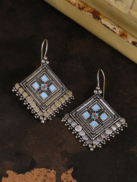 

Studio Voylla Silver-Plated & Turquoise Blue Geometric Drop Earrings