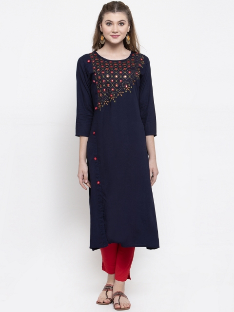 

ANAISA Women Navy Blue & Red Embroidered A-Line Kurta