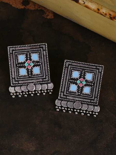 

Studio Voylla Silver-Plated & Turquoise Blue Geometric Oxidised Drop Earrings