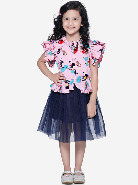 

LilPicks Girls Pink & Navy Blue Printed Fit and Flare Dress