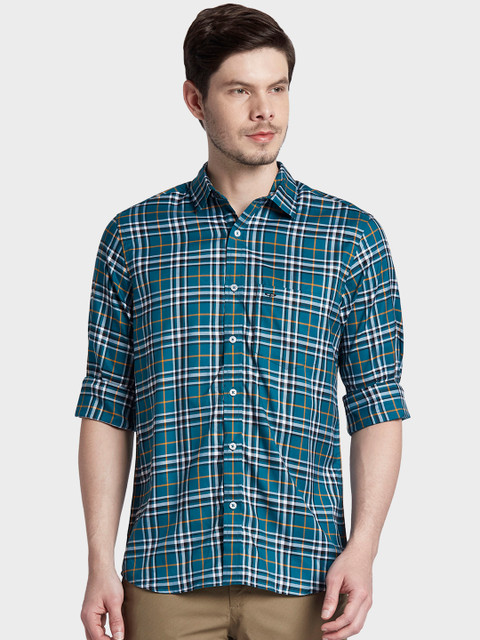 

ColorPlus Men Teal Green & White Tailored Fit Checked Casual Shirt