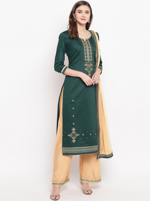 

Kvsfab Green & Beige Silk Blend Unstitched Dress Material