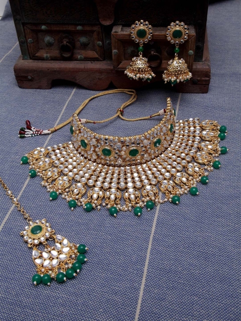 

Shining Diva Gold-Plated & Green Kundan Studded Beaded Jewellery Set