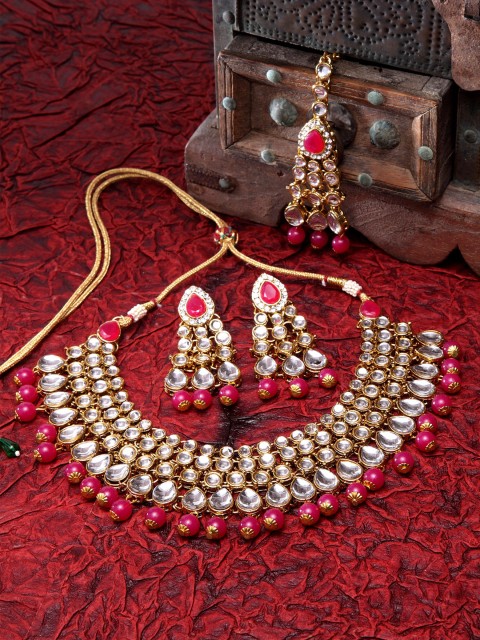 

Shining Diva Gold-Plated White & Pink Kundan Studded Beaded Jewellery Set with Maang Tika
