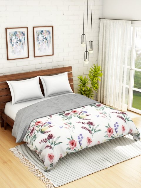 

WELHOME White & Grey Floral AC Room 110 GSM Double Bed Quilt