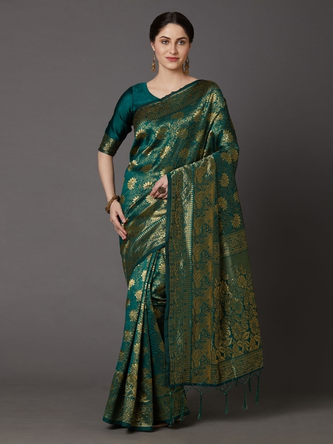 

Mitera Green & Golden Silk Blend Woven Design Banarasi Saree