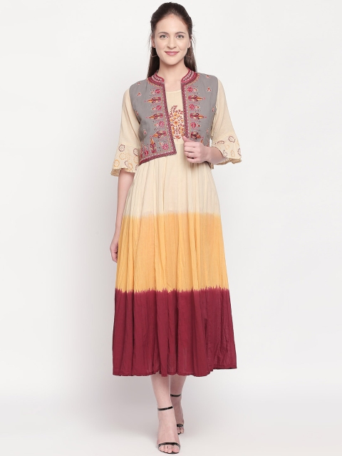 

ZRI Women Beige & Maroon Colourblocked Maxi Dress with Ethnic Jacket