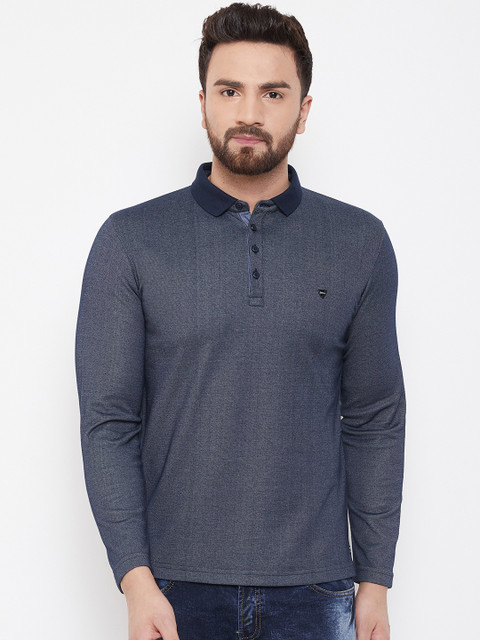 

Okane Men Navy Blue Self Design Polo Collar T-shirt