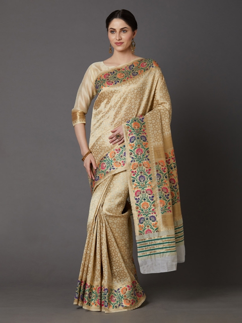 

Mitera Beige & Cream-Coloured Silk Blend Woven Design Banarasi Saree
