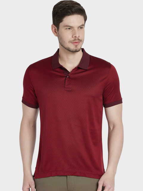 

ColorPlus Men Maroon Self Design Polo Collar T-shirt