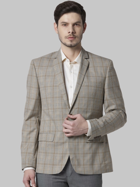 

Park Avenue Men Brown & Grey Checked Single-Breasted Formal Blazer