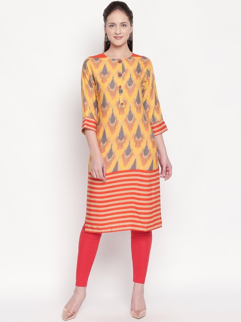 

ZRI Women Mustard Yellow & Orange Printed Straight Kurta