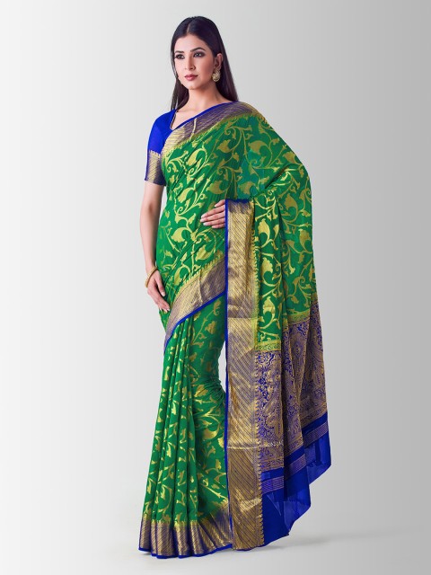 

Mitera Green & Blue Poly Chiffon Woven Design Kanjeevaram Saree