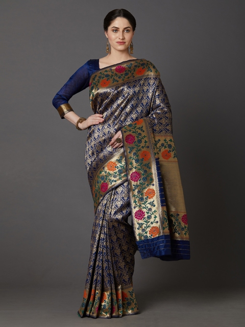 

Mitera Navy Blue & Gold-Toned Silk Blend Woven Design Banarasi Saree