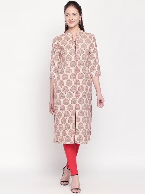 

ZRI Women Beige & Maroon Printed Straight Kurta