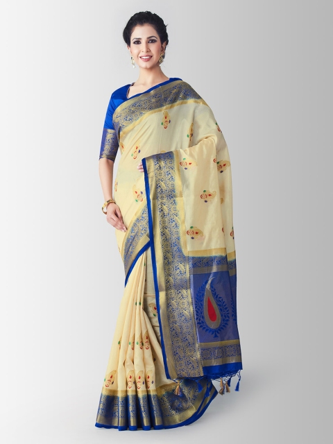 

Mitera Cream-Coloured & Blue Art Silk Woven Design Kanjeevaram Saree