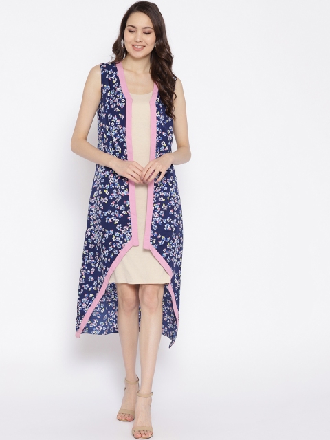 

DODO & MOA Women Navy Blue & Off-White Floral Print Open Front Shrug