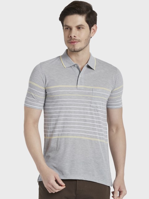 

ColorPlus Men Grey & White Striped Polo Collar T-shirt